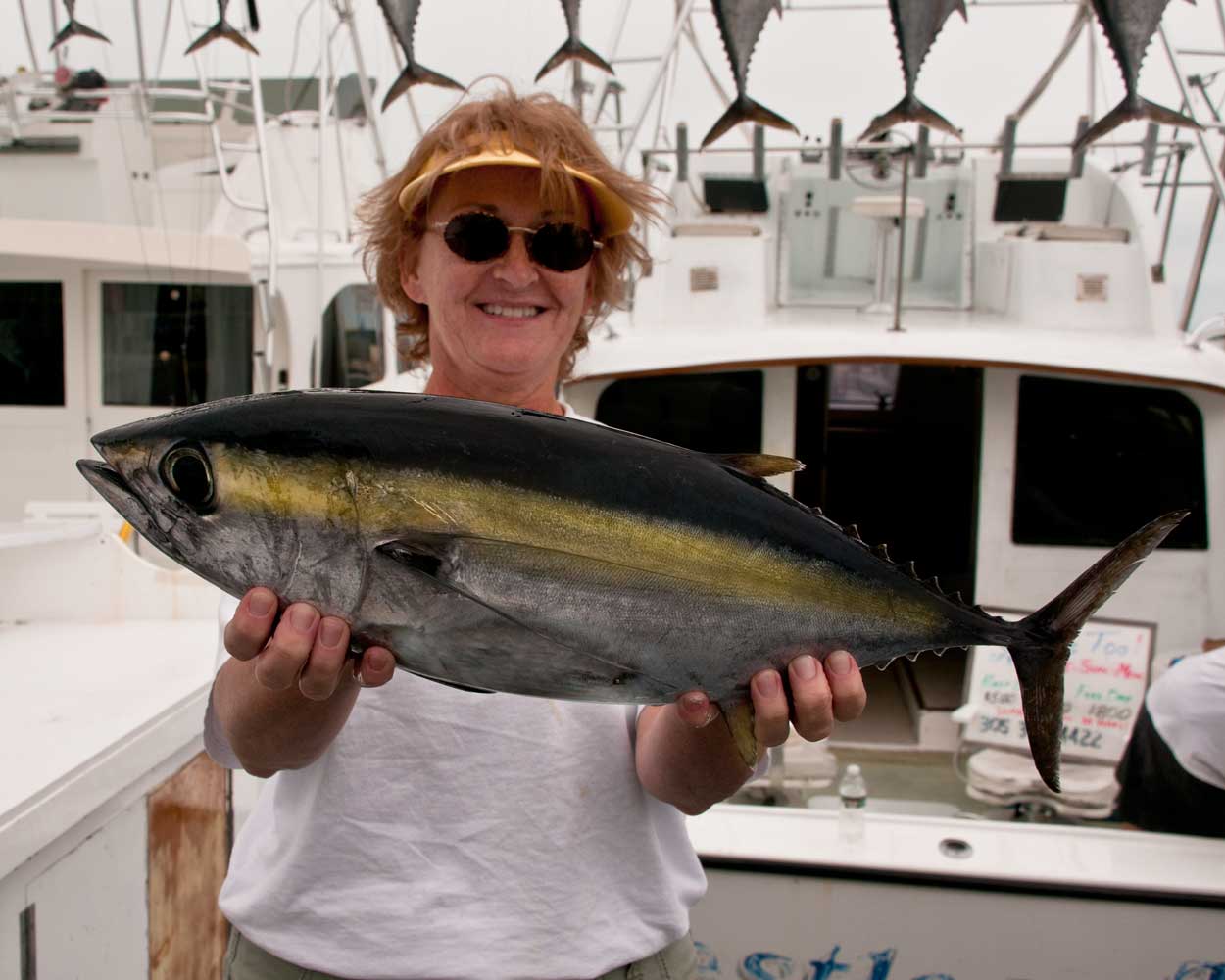 Jean Foley with a blackfin tuna she caught on 17 pound spinning tackle.